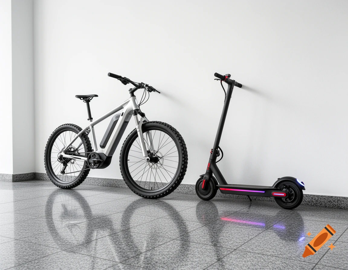 A silver electric bike and a black e-scooter with colorful underglow lights lean against a white wall on a tiled floor.
