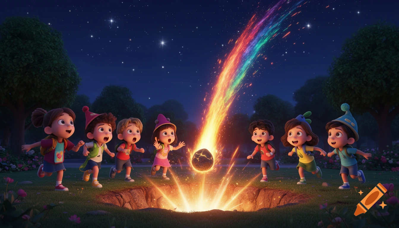 A group of 3D cartoon children running in a park at night, looking surprised as a colorful meteor crashes, creating a glowing crater.