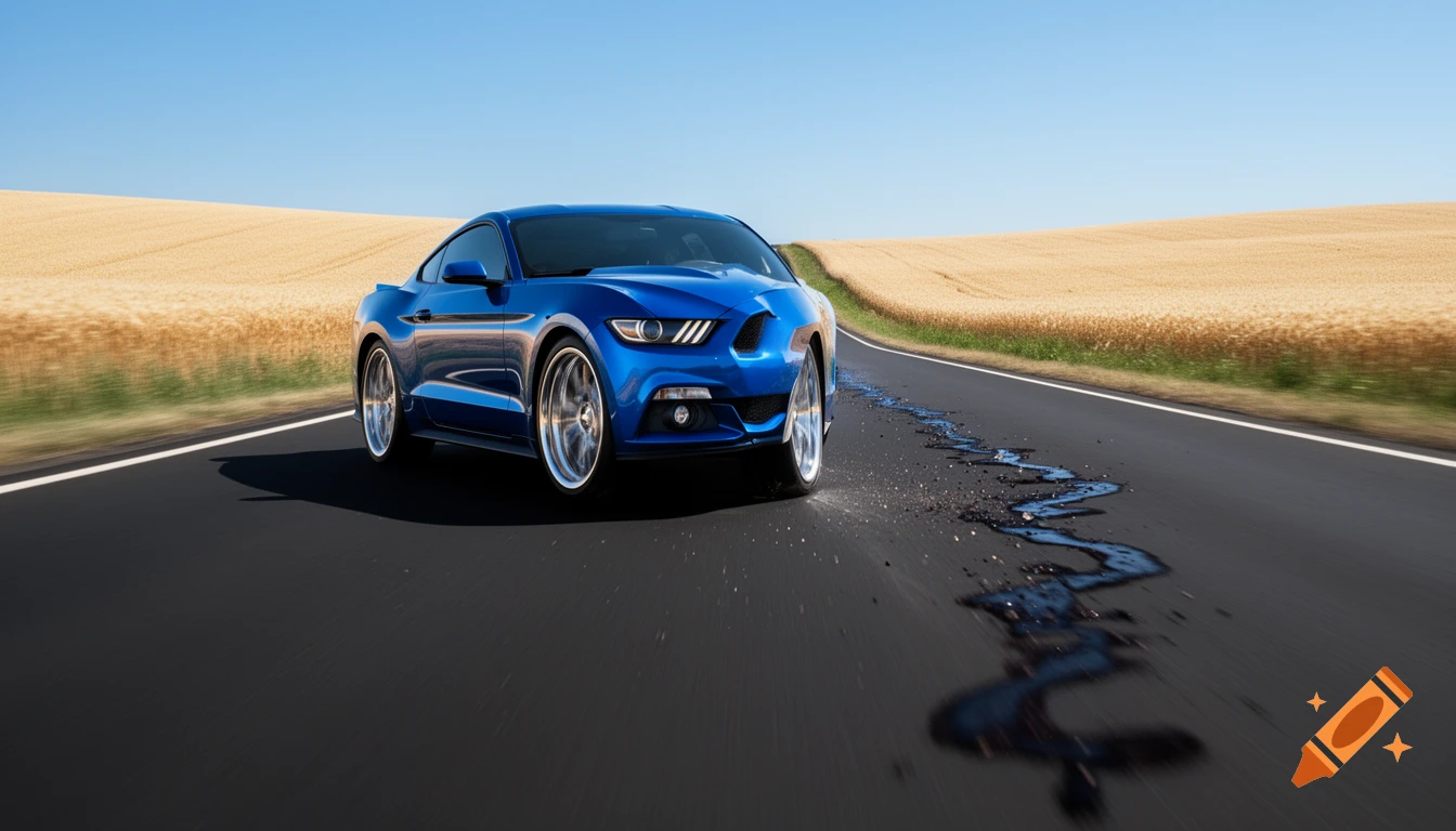 A blue Ford Mustang car drives down a paved road, leaving a dark, wet trail, with golden fields and a clear blue sky in the background.