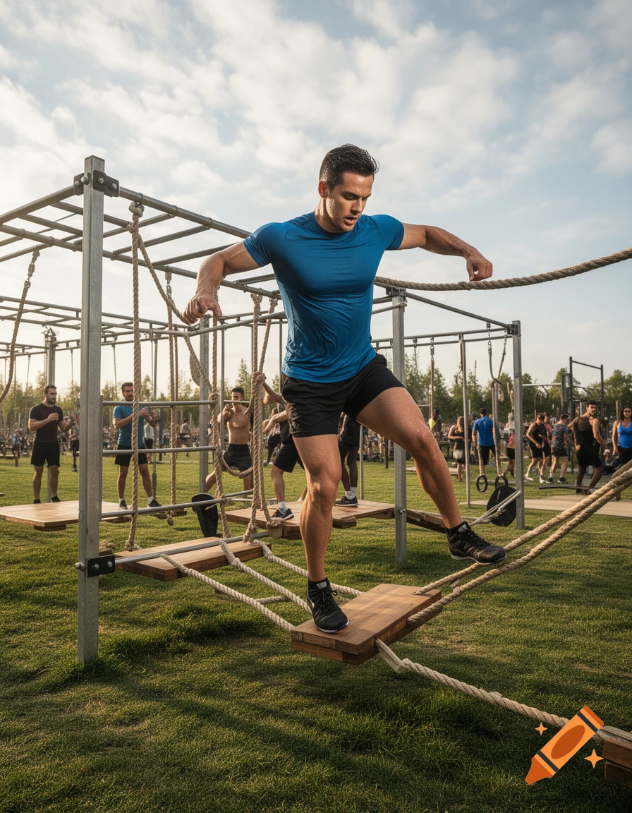 A man in a blue shirt and black shorts carefully balances on a rope and wooden plank obstacle during an outdoor athletic course.