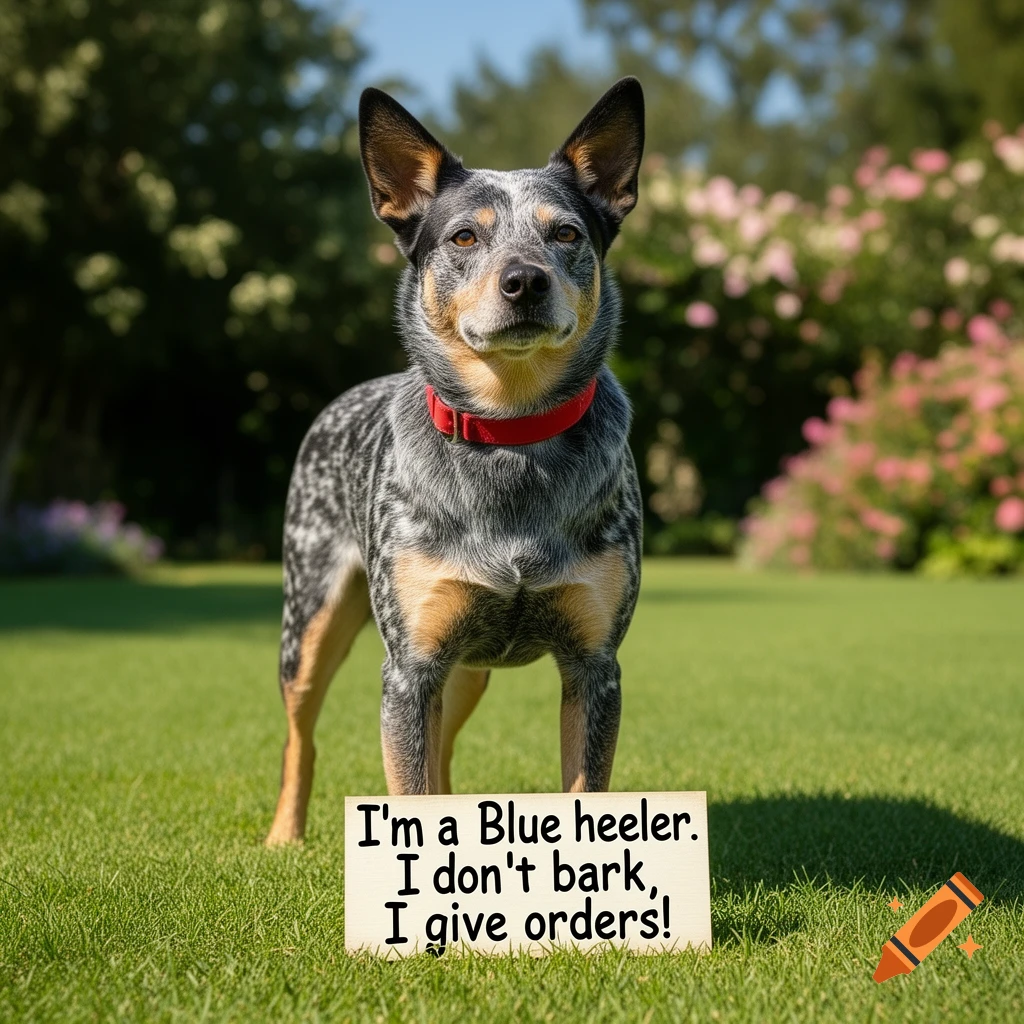A photorealistic blue heeler dog wearing a red collar stands on green grass with a sign that reads, 'I'm a Blue heeler. I don't bark, I give orders!'