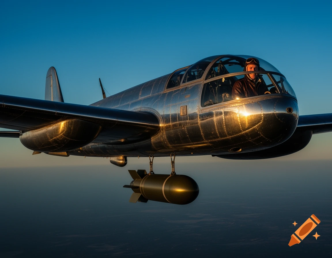 Photorealistic image of a pilot smiling in a shiny silver bomber plane carrying a bomb, flying against a blue sky.