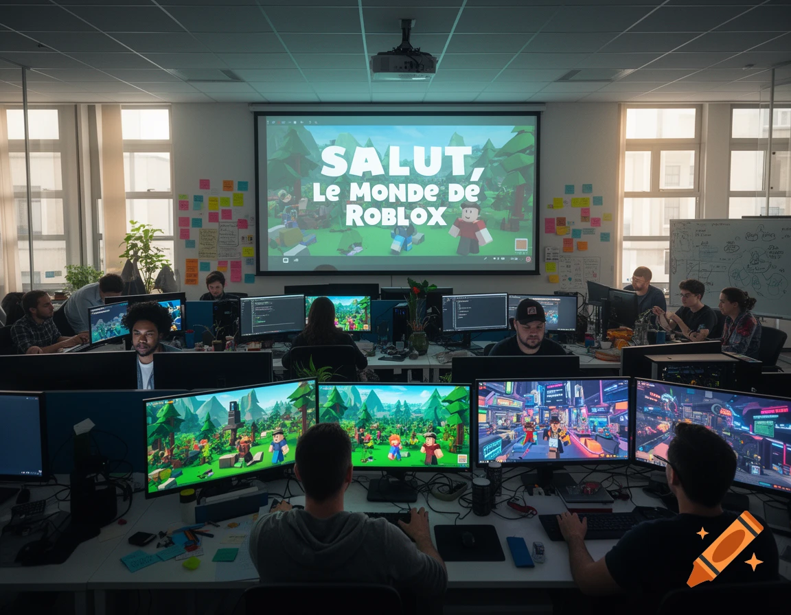 People work at computers in a modern office, with Roblox-style games displayed on multiple screens and a large projector screen.