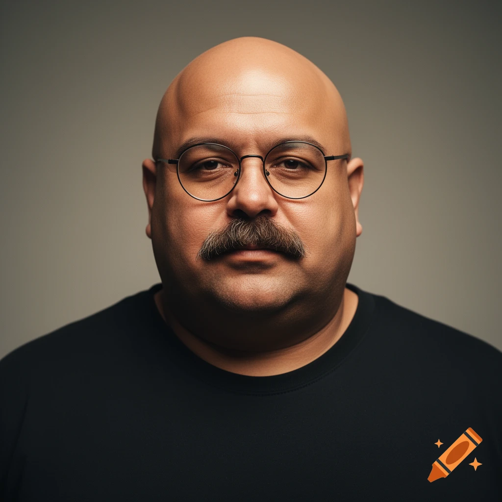 Photorealistic headshot of a bald, overweight man with a thick mustache and round glasses, wearing a black shirt, against a gray background.
