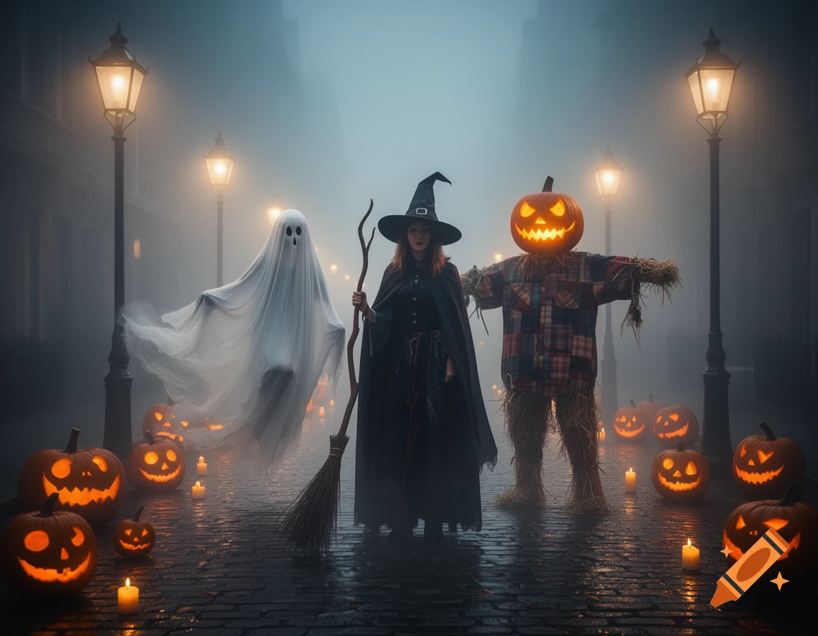 A ghost, a witch with a broom, and a scarecrow with a pumpkin head stand on a foggy, wet street surrounded by glowing jack-o'-lanterns and candles at night, lit by streetlights.
