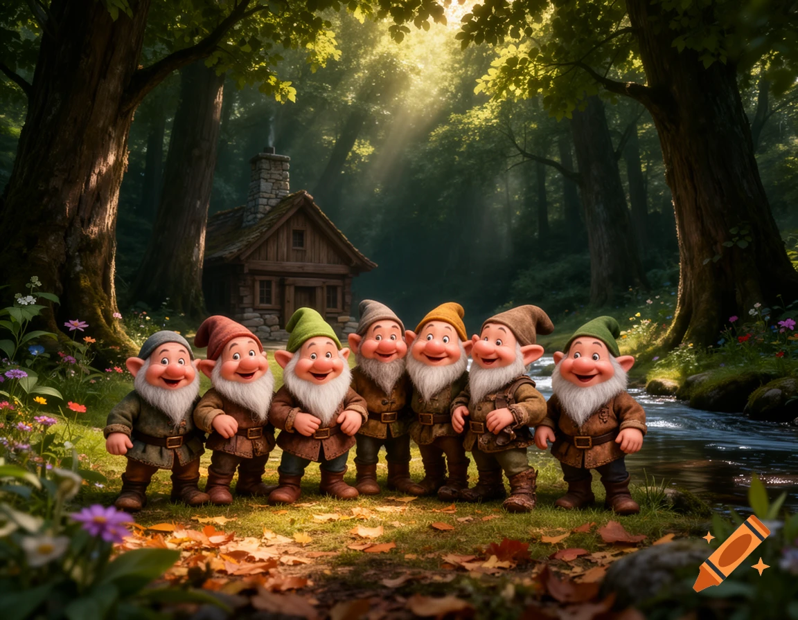 Seven happy cartoon dwarves with beards and colorful hats stand in a sunlit magical forest in front of a small wooden cabin.
