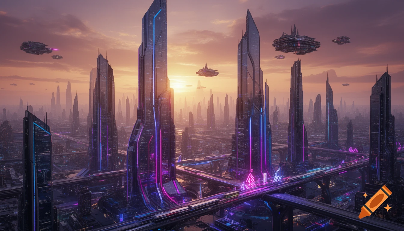 Photorealistic futuristic cityscape at sunset with towering skyscrapers, neon lights, elevated trains, and flying vehicles.