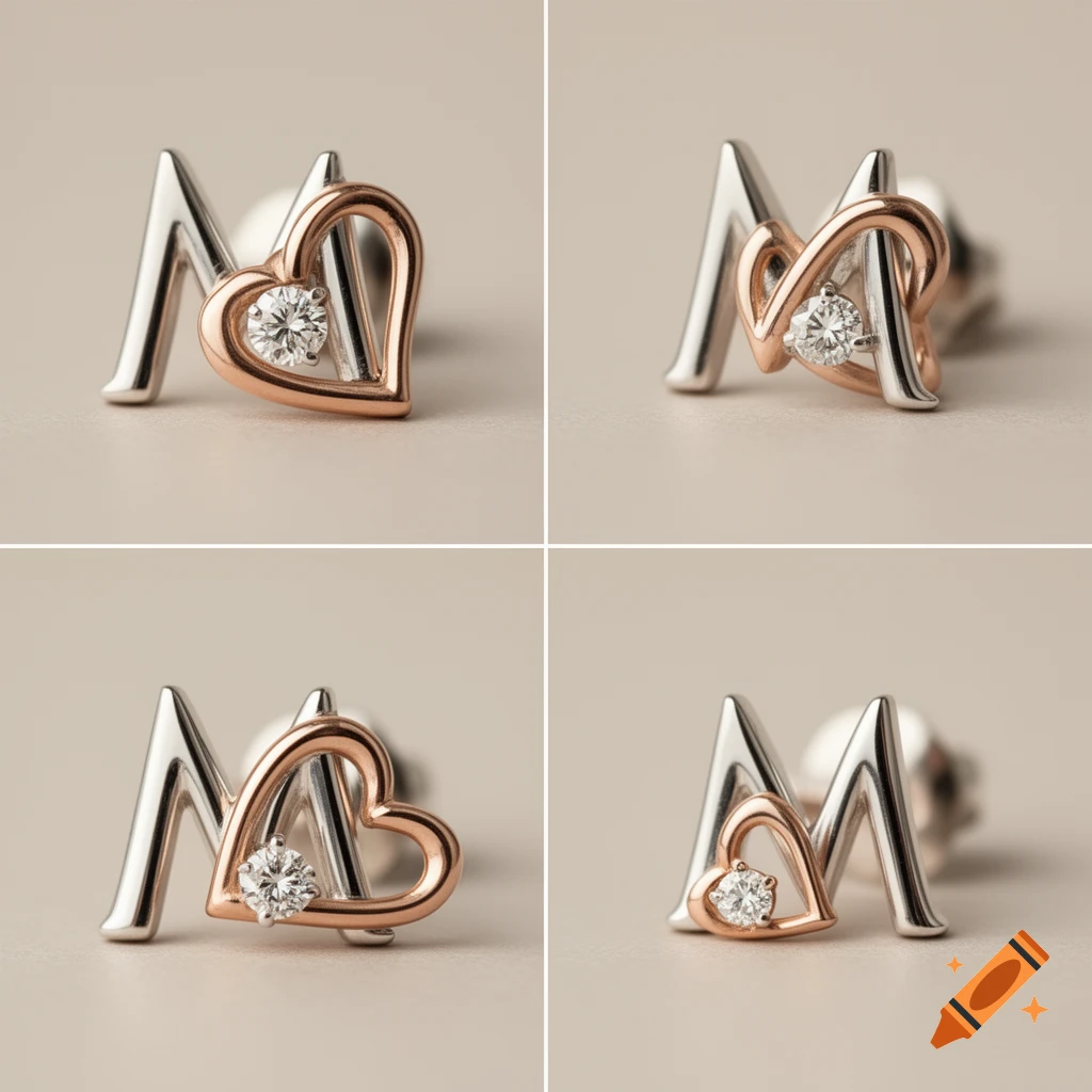 Four close-up views of a silver 'M' initial earring intertwined with a rose gold heart, featuring a clear diamond.