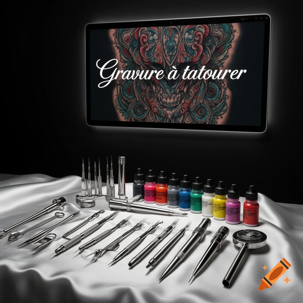 Tattoo engraving tools and colorful inks on white cloth, with a screen displaying an intricate tattoo design.