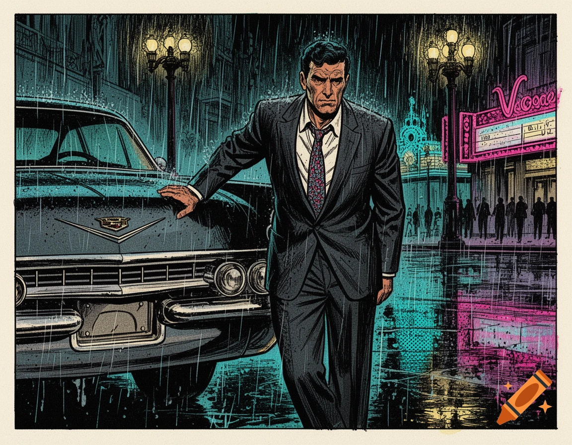 A man in a dark suit leans against a vintage Cadillac in the rain, with a neon movie theater sign in the background, in a comic art style.