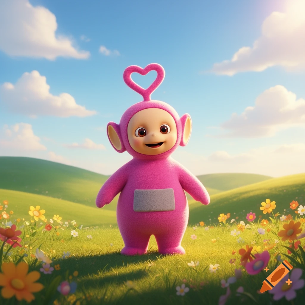 A pink Teletubby with a heart antenna stands in a sunny, green field with colorful flowers under a blue sky.