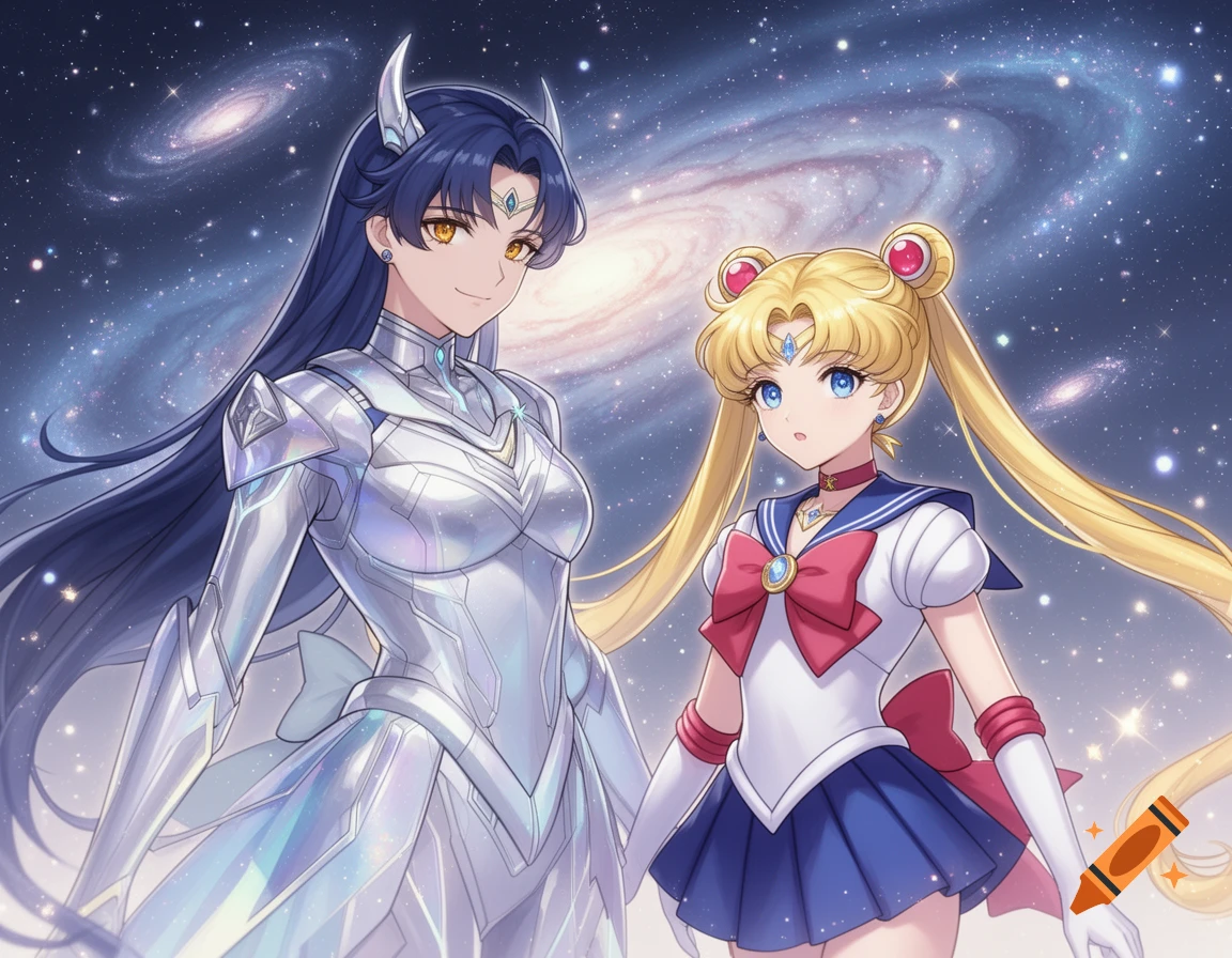 Two anime characters, Sailor Moon and a woman in silver armor, stand against a swirling galaxy.