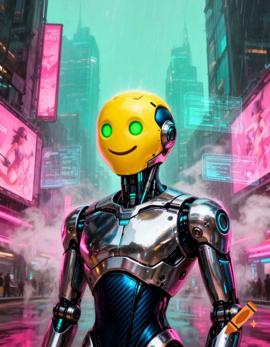 A chrome robot with a yellow emoji head stands in a rainy, neon-lit cyberpunk city, with blurry figures in the background.