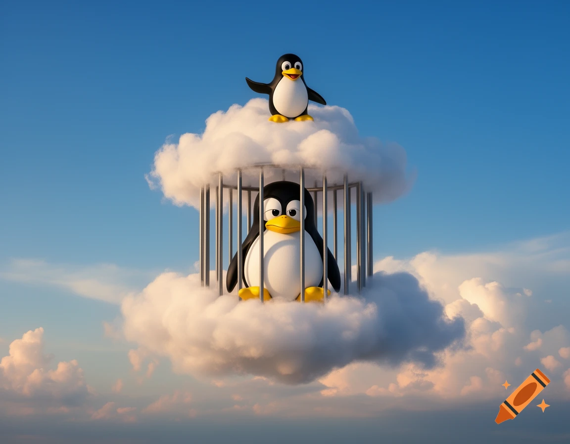 A sad cartoon penguin is trapped in a cage within a cloud, while a happy cartoon penguin sits freely on top, all against a blue sky.