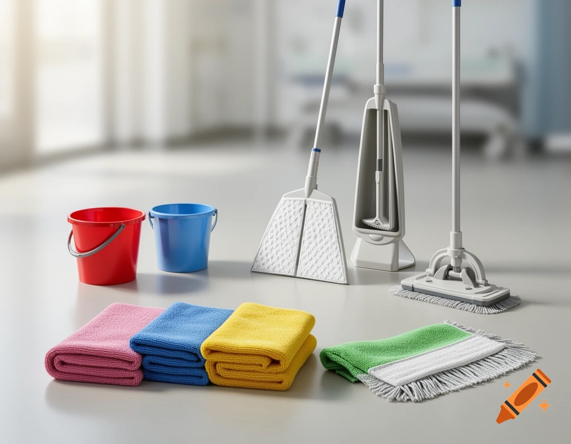 Photorealistic image of various colorful cleaning supplies, including buckets, folded cloths, mops, and a broom, on a light floor.