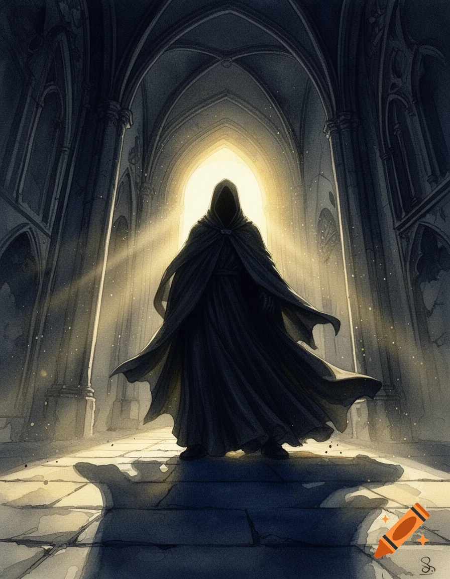 A dark, cloaked figure stands in a gothic cathedral doorway, backlit by a bright golden light in a watercolor and oil painting style.