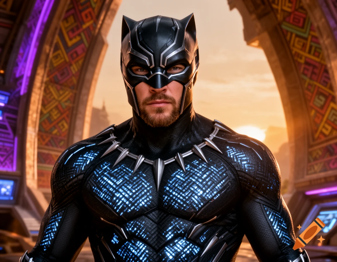 Photorealistic portrait of Chris Hemsworth as Black Panther in a detailed Wakandan city at sunset.