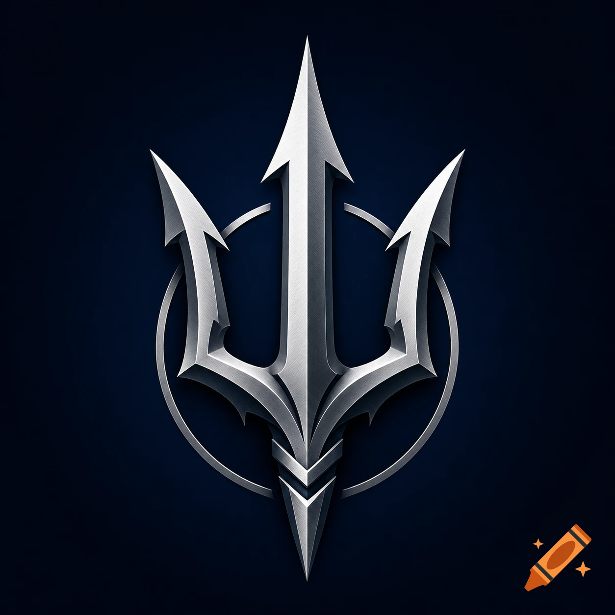 A stylized silver metallic trident logo with a brushed texture, centered on a dark blue background.