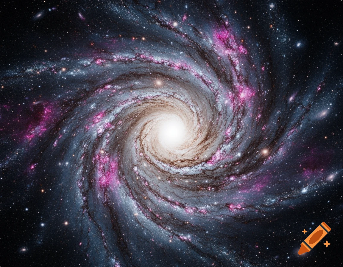 A vibrant spiral galaxy with a bright white center and arms of blue, pink, and white stars against a dark, star-filled space.