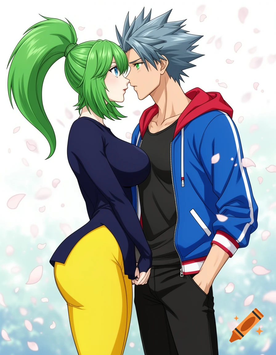 Anime couple with green-haired woman in yellow pants and blue-jacketed man with spiky gray hair, leaning in for a kiss.