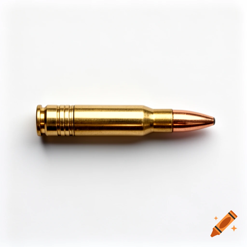 A single brass bullet with a copper tip, lying horizontally on a white background in a photorealistic style.