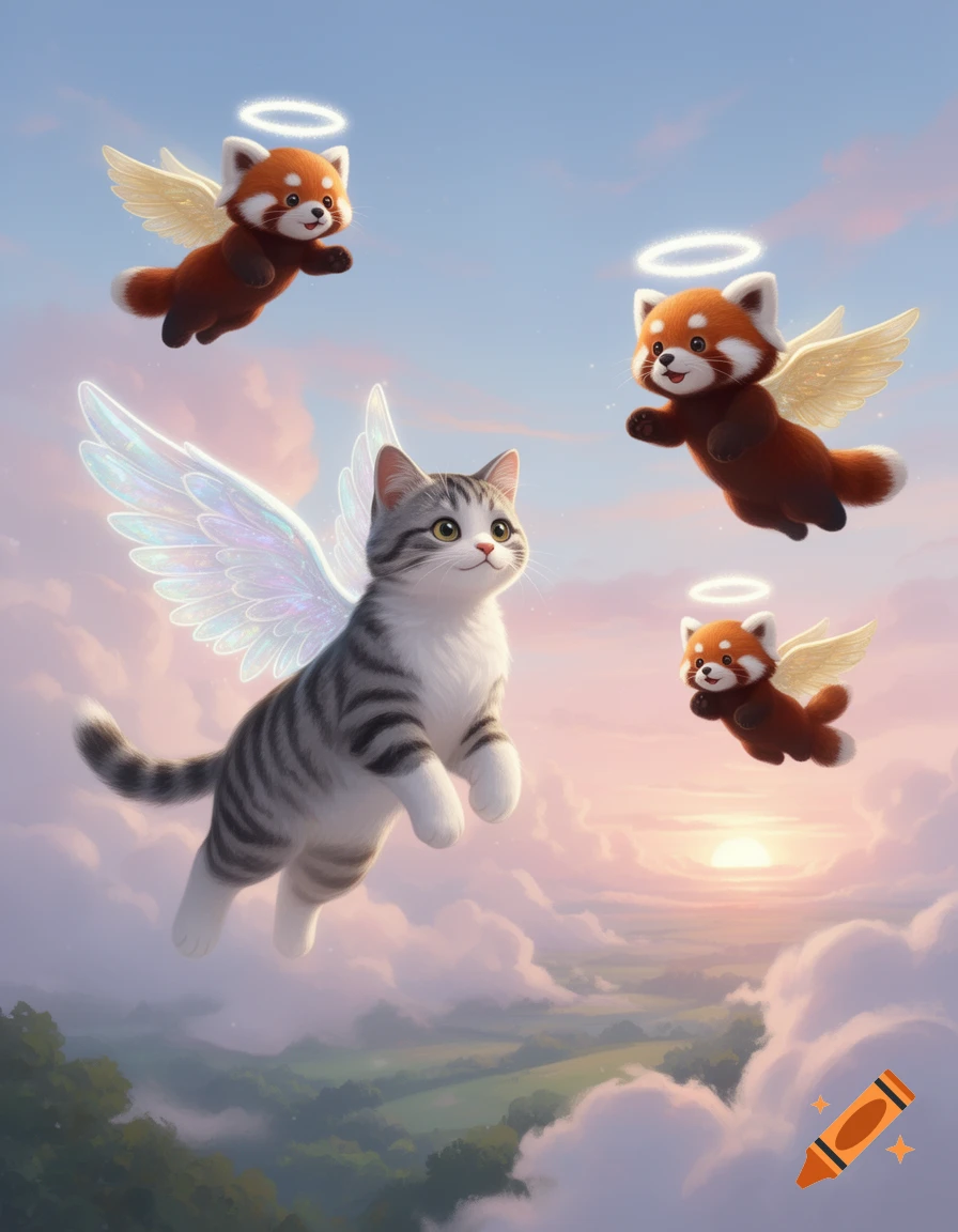 A cute tabby cat angel and three red panda angels with wings and halos fly in a cloudy sunset sky above a green landscape.