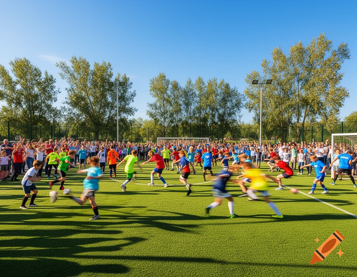 Children playing soccer on a green field with a large crowd of spectators under a clear blue sky.