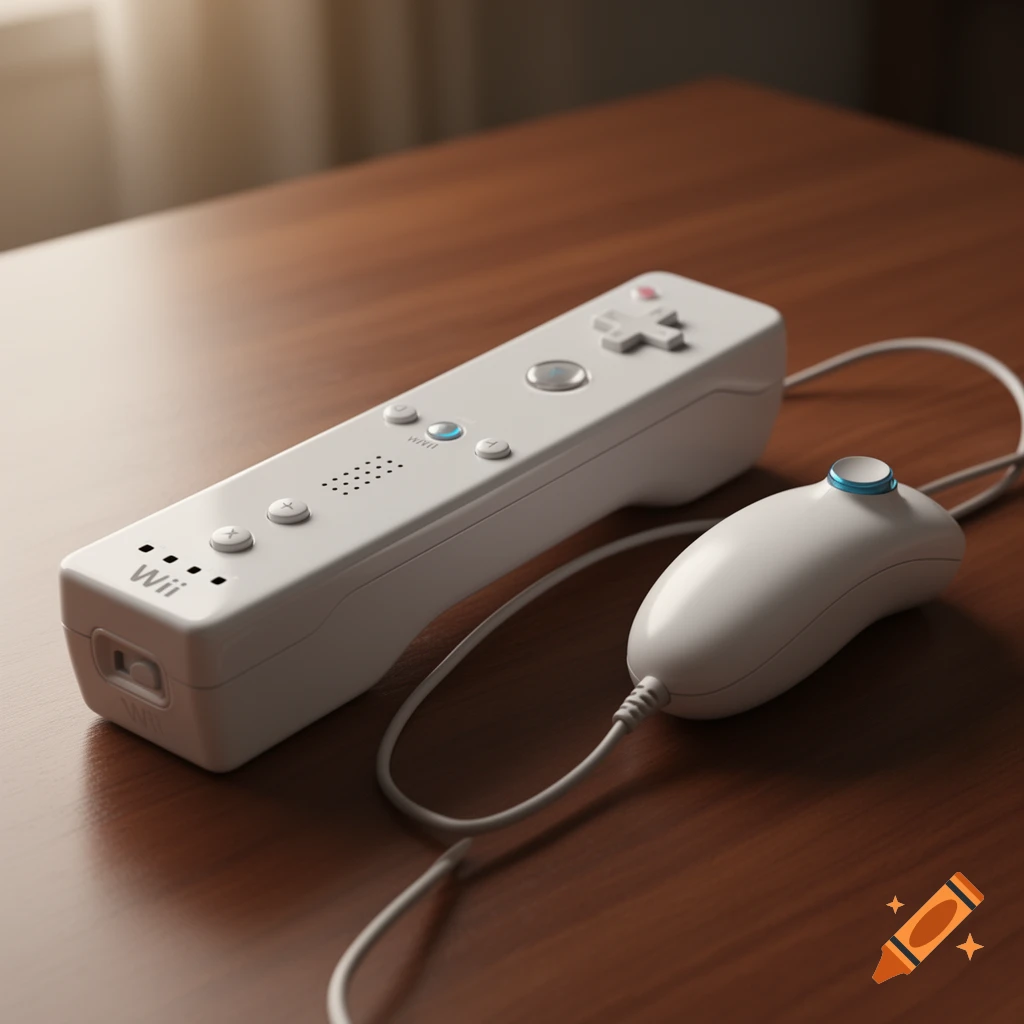 A white Wii remote and nunchuk controller on a wooden table, illuminated by soft light.