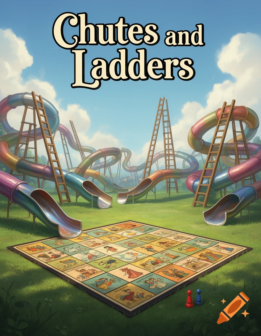An illustrated "Chutes and Ladders" book cover featuring a large game board on green grass with slides and ladders in the background.