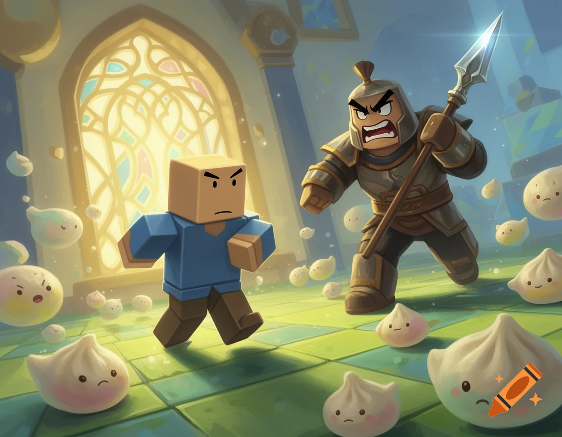 A blocky Roblox noob character runs from an angry armored guard with a spear, surrounded by cute, squishy dumplings in a chamber with a stained-glass window.