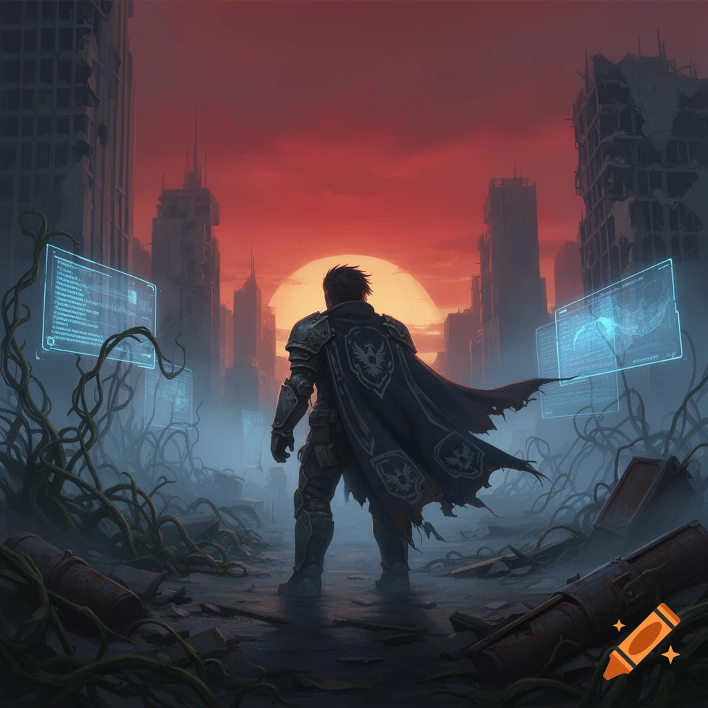 Armored figure in a ruined city with a red sunset, glowing holographic screens, and overgrown vines in a dramatic, sci-fi art style.