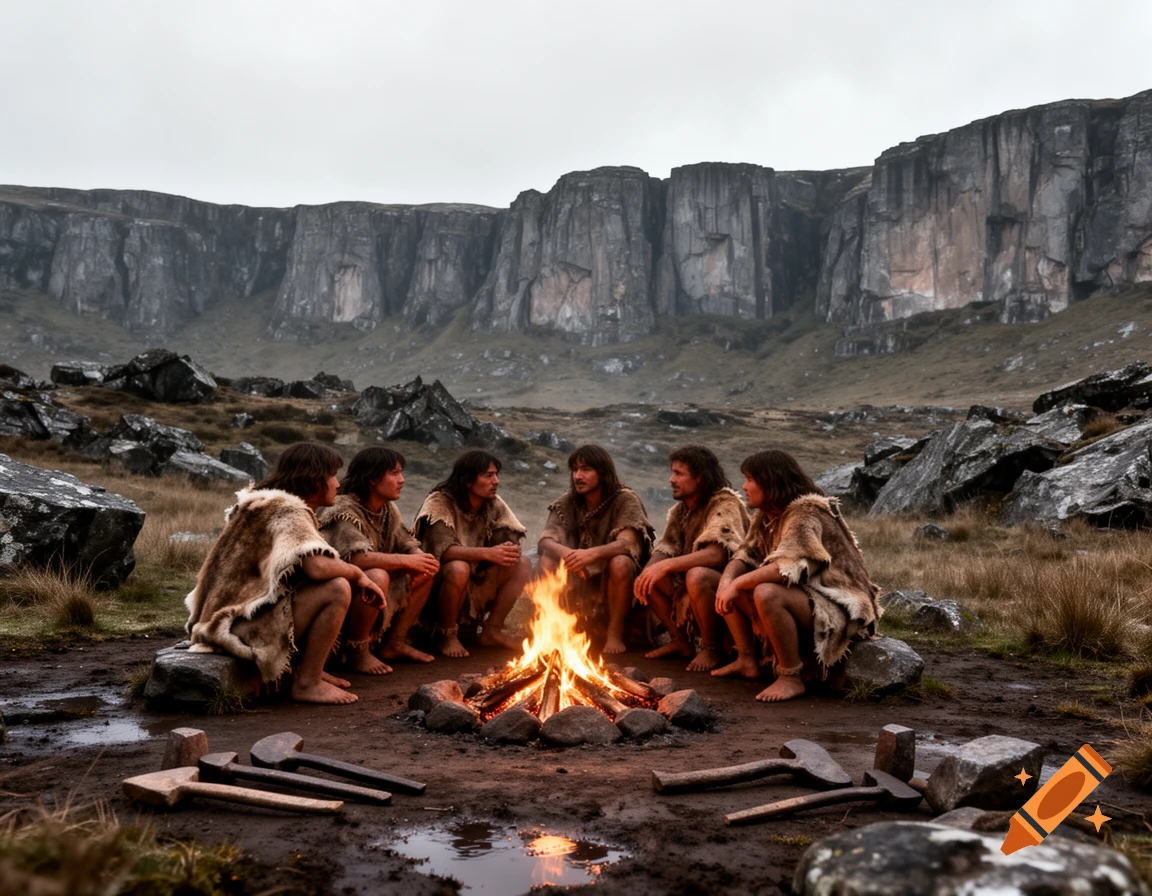 Paleolithic people in animal hides gather around a campfire in a rocky, mountainous landscape under a cloudy sky.