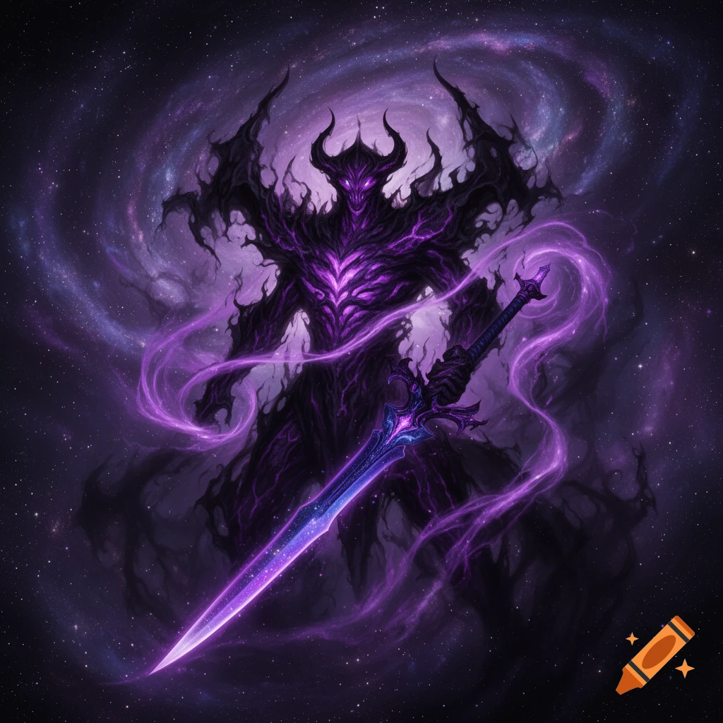 A dark, horned, spiky demon-like creature with glowing purple features holds a radiant purple galaxy sword in a swirling cosmic nebula.