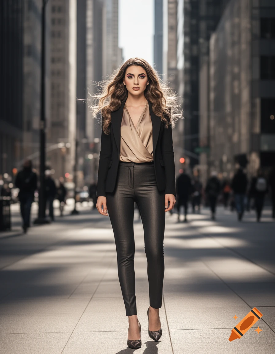A stylish woman in a black blazer, gold blouse, and dark pants walks confidently down a city street lined with skyscrapers.