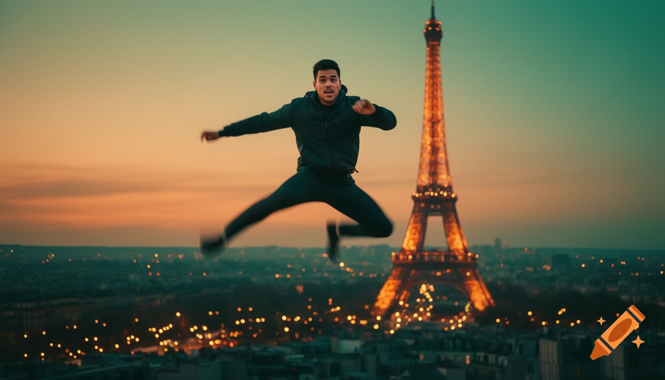 Man jumping in the air in front of the illuminated Eiffel Tower at dusk, with blurred city lights and an orange and teal aesthetic.