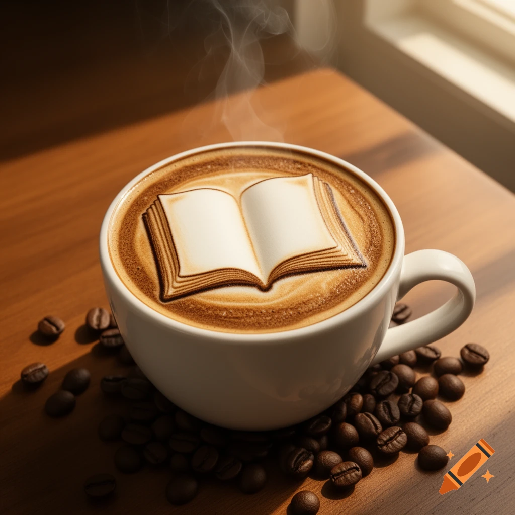 Steaming cup of coffee with an open book latte art design, surrounded by coffee beans on a sunlit wooden table.