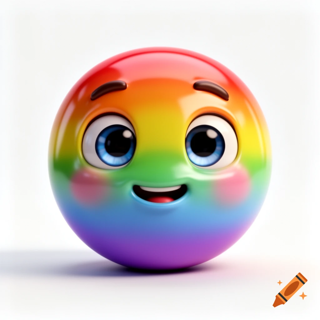Cute 3D emoji with a glossy rainbow-colored face, rosy cheeks, and big blue eyes, smiling on a white background.