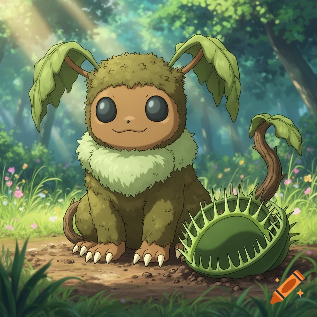 A cute, brown, mossy creature with large black eyes, leaf-like ears, and a Venus Flytrap tail sits in a forest, anime style.