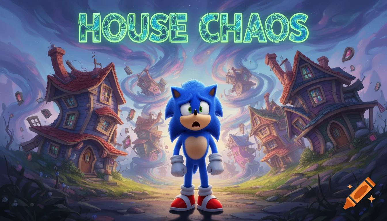 Blue Sonic the Hedgehog stands shocked amidst a stormy, whimsical landscape of warped houses and floating windows, with "HOUSE CHAOS" text.
