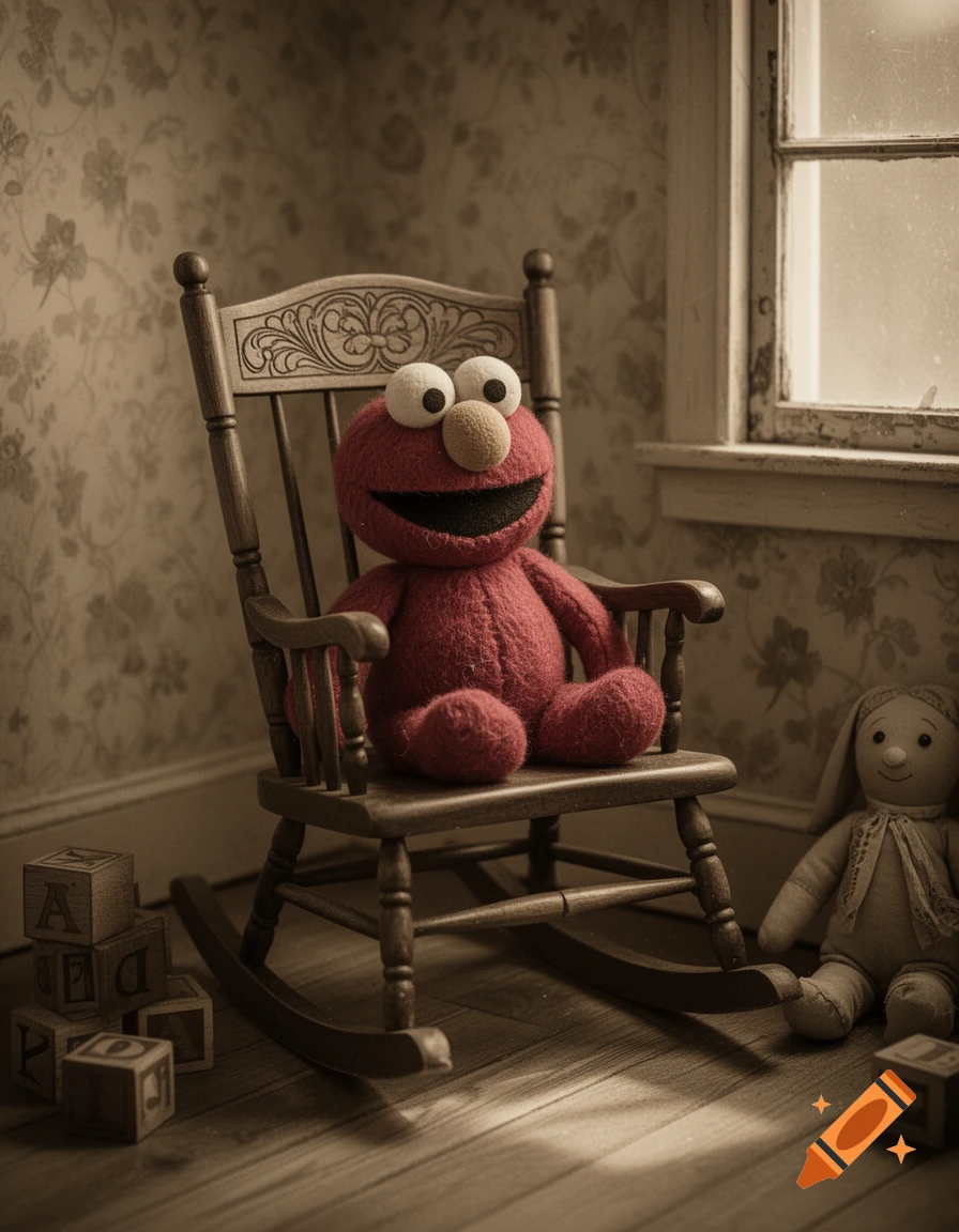 Red Elmo doll on a wooden rocking chair in a sepia-toned room with patterned wallpaper, blocks, and another doll on the floor.