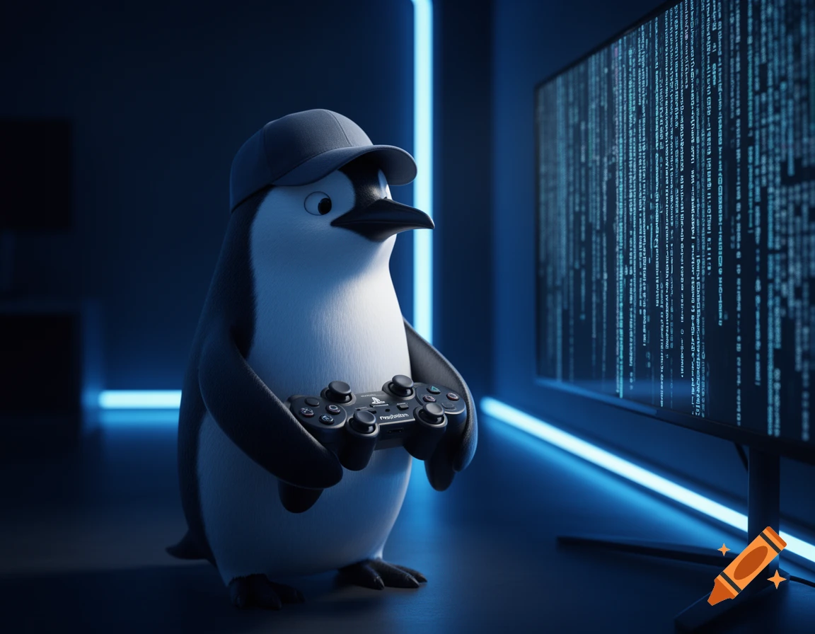 A stylized penguin wearing a cap holds a PlayStation controller, facing a monitor displaying matrix-like code in a dark room with blue neon lights.