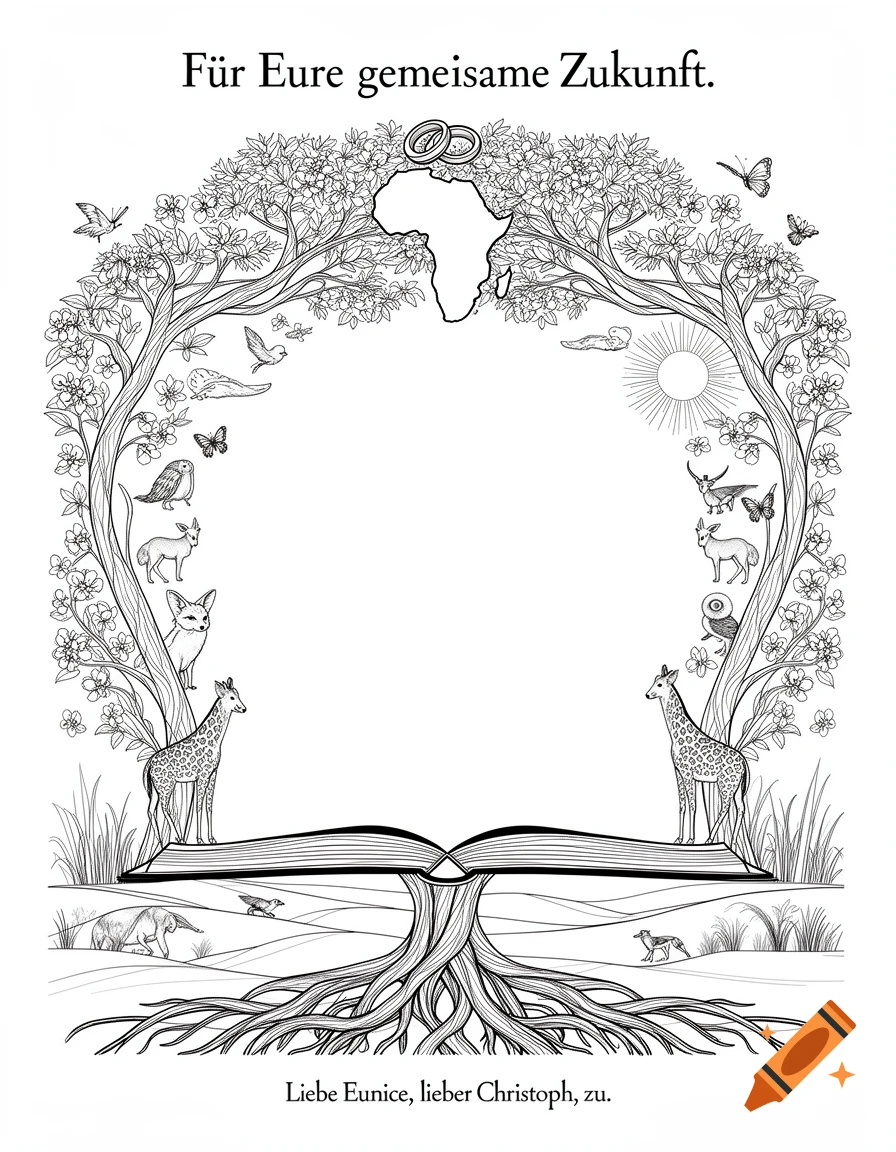 Black and white coloring page with a decorative frame of flowering trees, African animals, an open book with roots, and text.