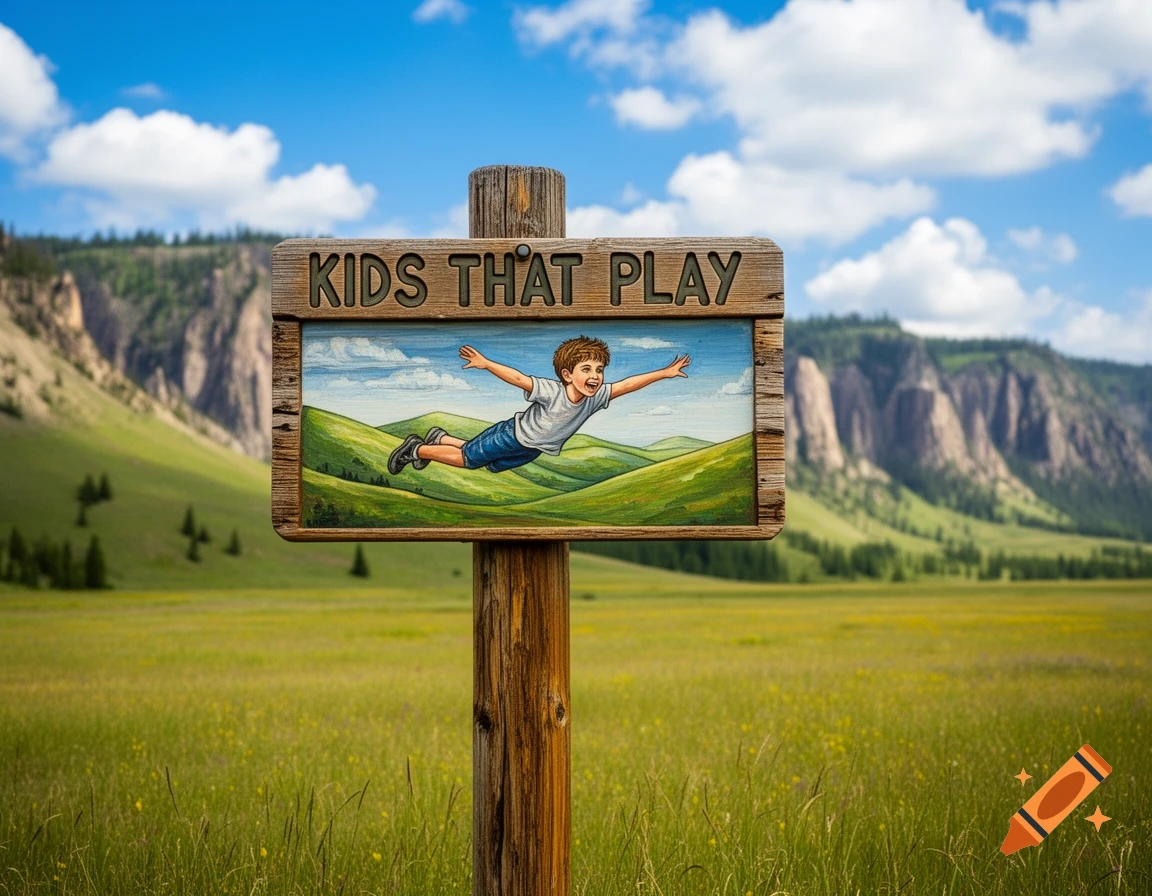 Wooden sign in a grassy field reading 'KIDS THAT PLAY' with a cartoon of a boy flying, mountains in background.