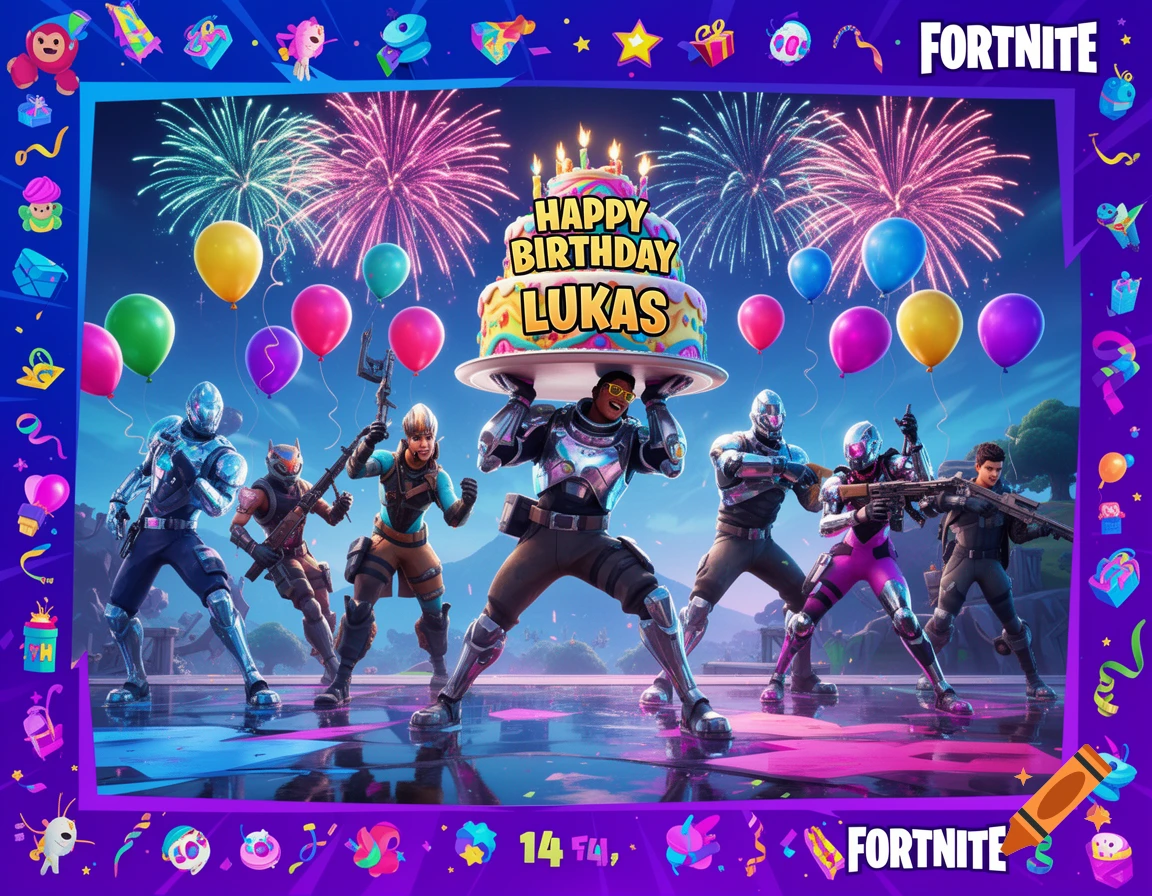 Fortnite characters celebrate Lukas's 14th birthday with cake, balloons, fireworks, and a decorative border.