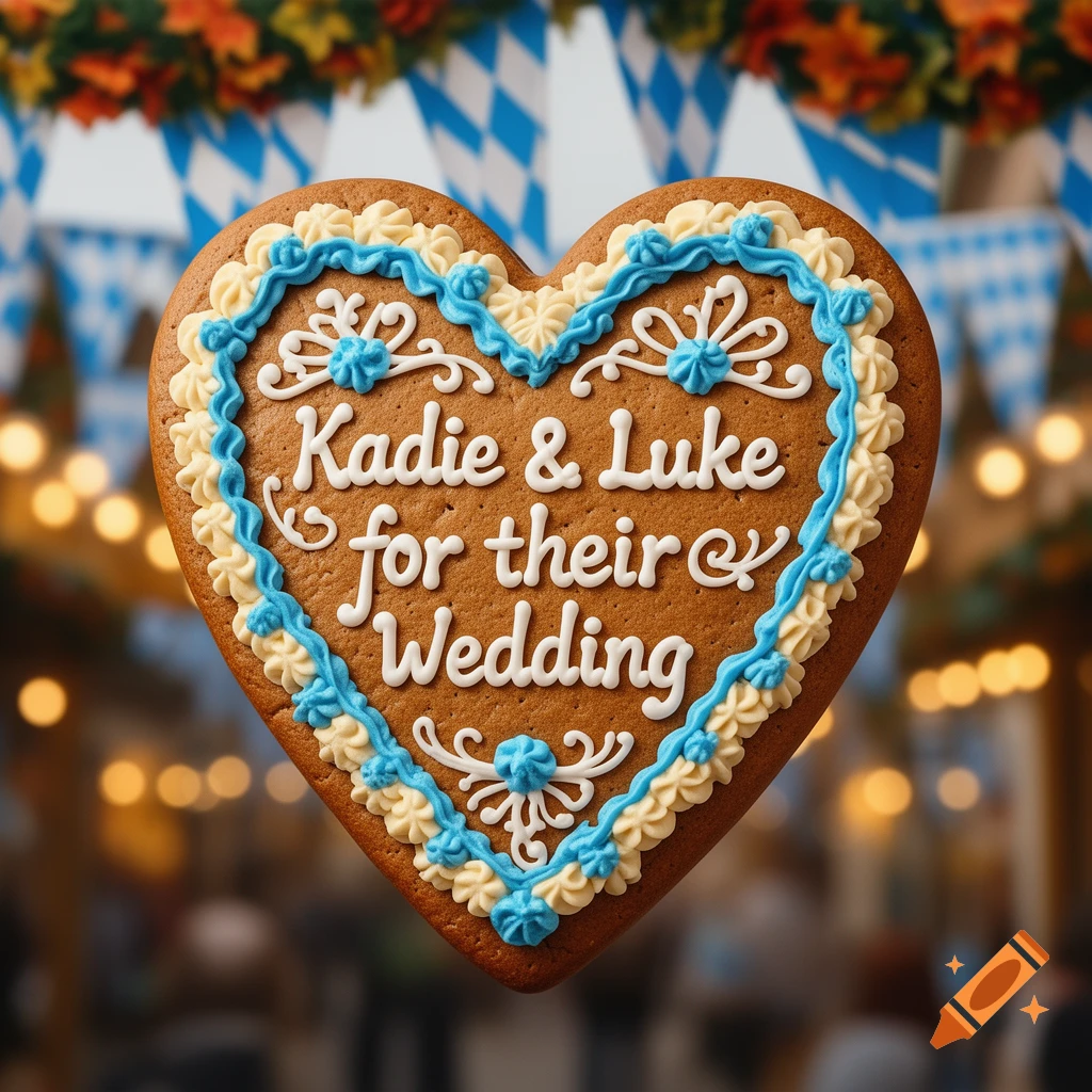 Heart-shaped gingerbread cookie with 'Kadie & Luke for their Wedding' in icing, against a blurred Oktoberfest background.