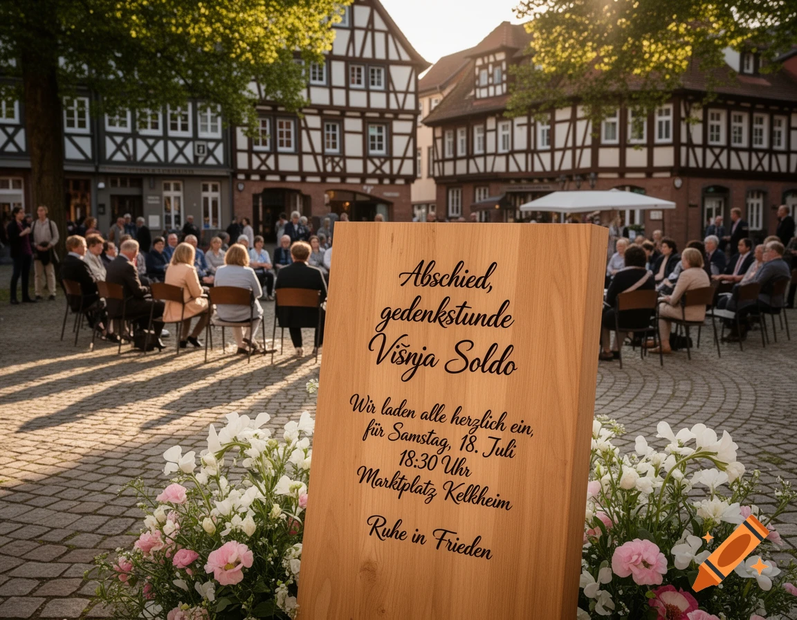 A wooden sign with German text for a memorial service in a sunlit town square, surrounded by flowers and people, with historic buildings in the background.