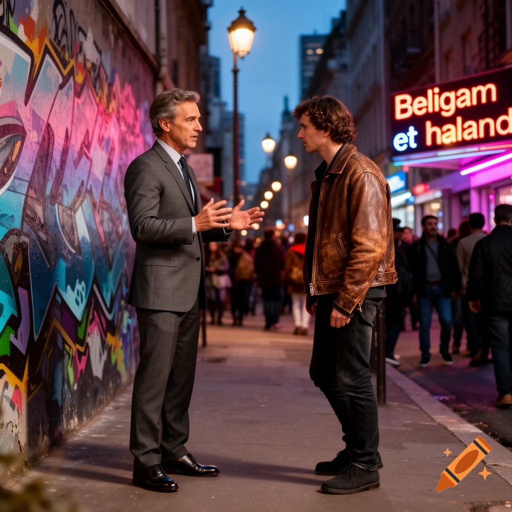 Two men converse on a city street at night, a graffiti wall and neon sign behind them. Photorealistic.