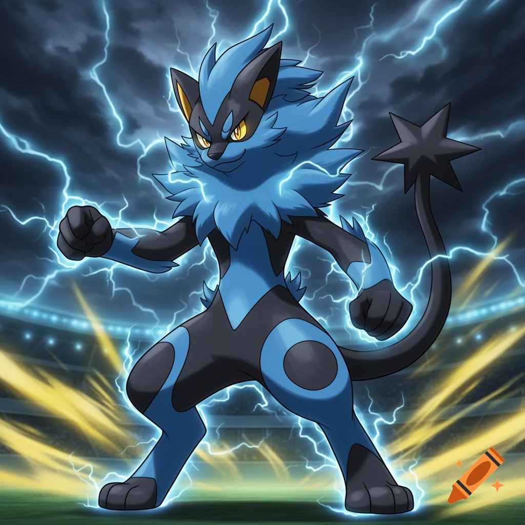 Blue and black Luxray Pokémon, crackling with electricity, stands in a stadium arena.