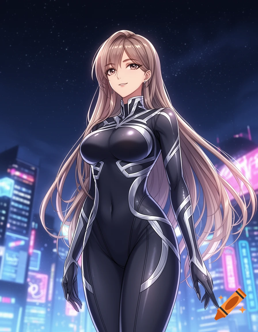 Anime woman in a black and silver sci-fi bodysuit stands smiling against a futuristic night city backdrop with neon lights.