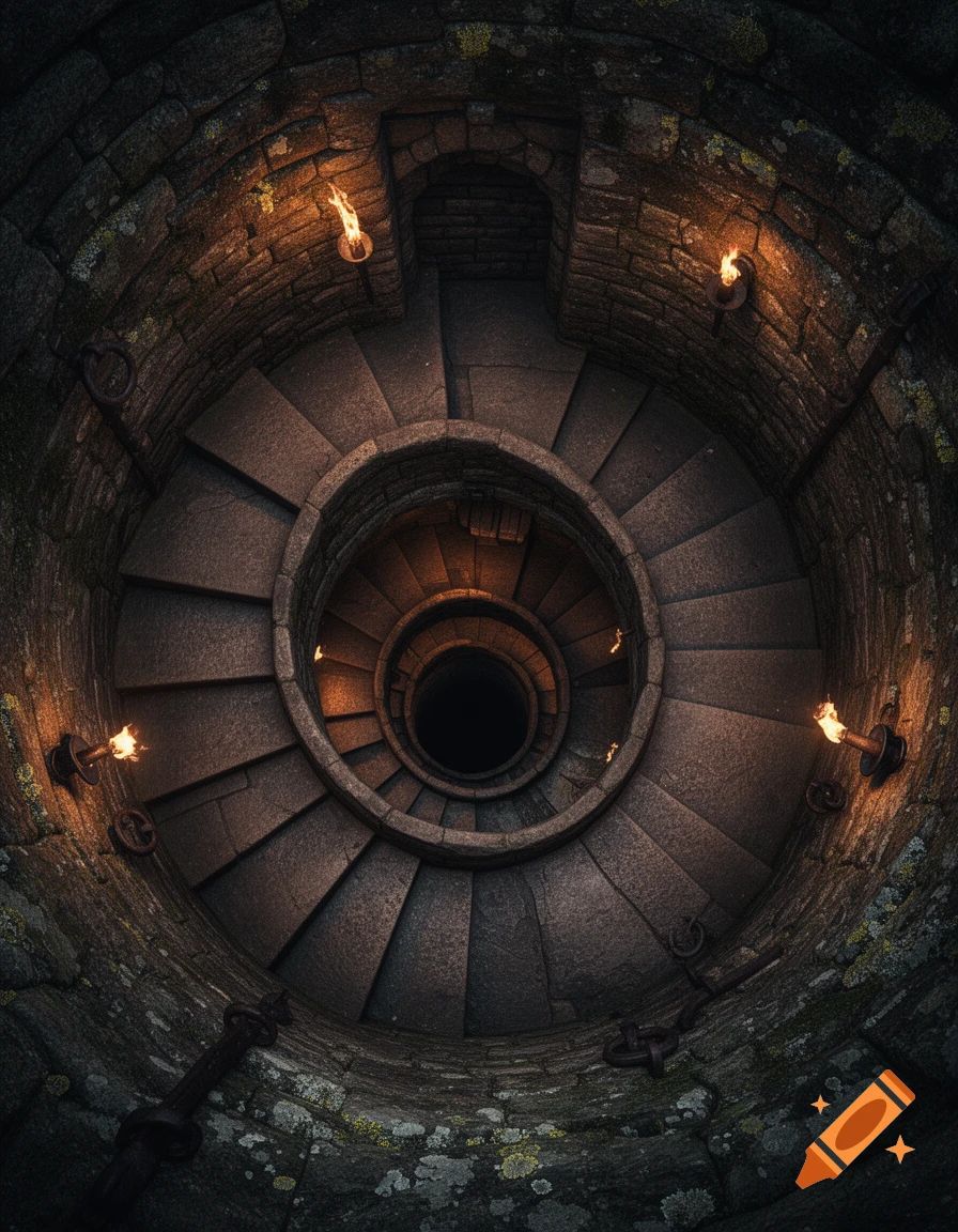 A top-down view of a dark, stone spiral staircase winding down into a dungeon, illuminated by wall-mounted torches.